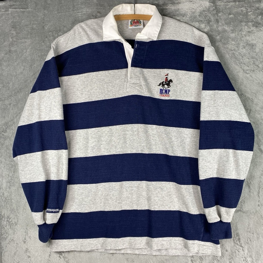 Vtg Royal Canadian Mounted Police Rugby Shirt Men XXL Navy Striped 90s Barbarian